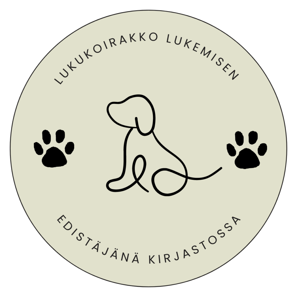 Lukukoirakko lukemisen edistäjänä kirjastossa -hankkeen logo. Vaaleanbeigellä taustalla graafinen pelkistetty koira, kaksi tassua ja hankkeen nimi.